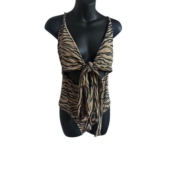 NEW WITH TAGS beautiful Aerie Swimsuit Womens size Large Tan Black Tiger Print W - Picture 1 of 6